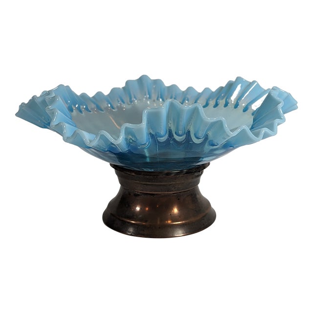 Antique Glass Aqua Blue Ribbed Optic Bride’s Bowl, Crescent Silver Co. Quadruple Plate Base For Sale
