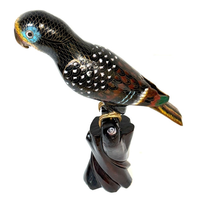 Black Chinese Cloisonné Parrot on Carved Hardwood Tree Trunk Base Chinese, Circa 1960 For Sale - Image 8 of 13