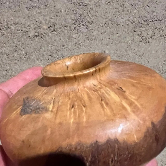 For your consideration, a 1970s modernist vase burl and birch wood. Signed underneath. Unable to read the signature....