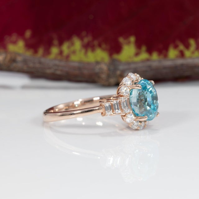 3.4Ct Cambodian Blue Zircon Ring With Natural Diamond Accents: Solid 14k Gold, Size 6.75 For Sale In Columbus - Image 6 of 9