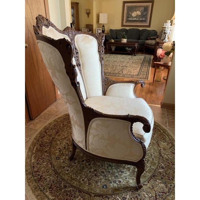 Victorian Elegant Vintage Victorian Style Damask Upholstery Wingback Chair For Sale - Image 3 of 4