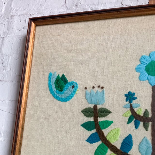 Large Vintage Blue Tulip Tree of Life Crewel Embroidery Bird Butterfly MCM Danish Modern For Sale - Image 4 of 8