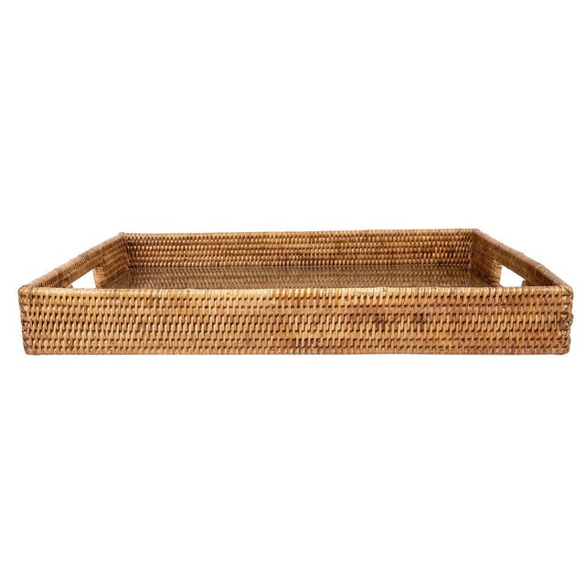 Wood Artifacts Rattan Rectangular Serving Tray with Cutout Handles, Honey Brown with Glass Insert, 20"X13" For Sale - Image 7 of 10