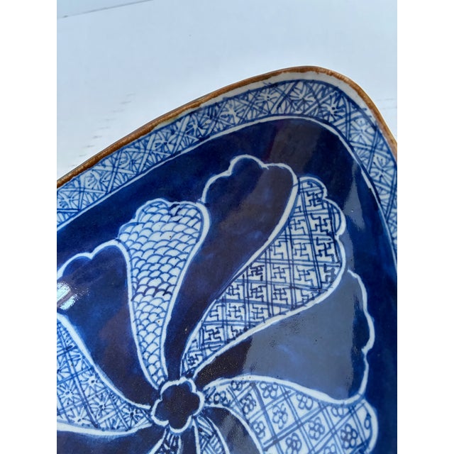 Vintage Chinese Man Blue White Porcelain Chinoiserie Oval Bowl For Sale - Image 10 of 13