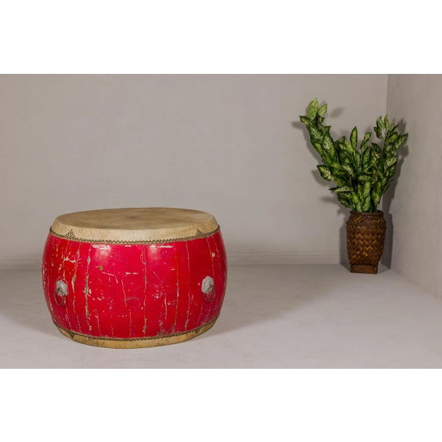 Red Lacquered Qing Dynasty Opera Drum End Table with Hide Top and Brass Studs For Sale - Image 4 of 11