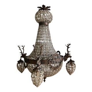 1970s Large Aged Bronze Deer Head Stag Chandelier For Sale