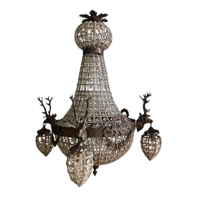 1970s Large Aged Bronze Deer Head Stag Chandelier For Sale