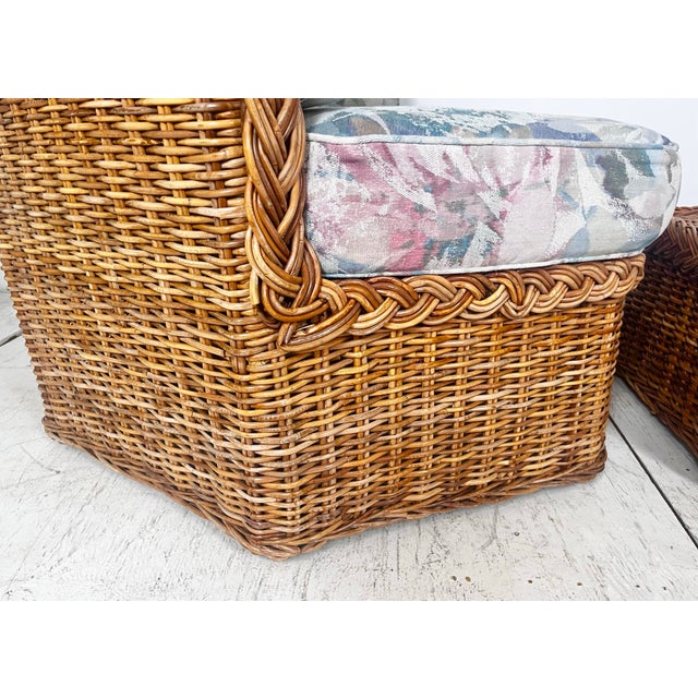 Brown Vintage Braided Wicker Rattan Hexagonal Chair and Ottoman Set For Sale - Image 8 of 11