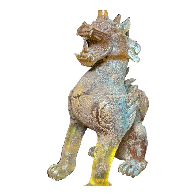 Antique Glass Guardian Lion Sculpture – 7.1" Roaring Mythical Beast With Verdigris Patina For Sale