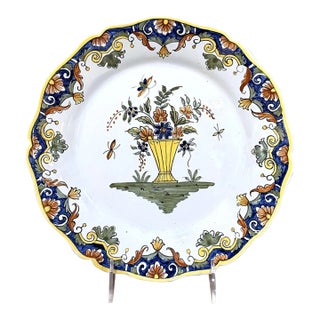 Antique French Rouen Style Hand-Painted Faience Floral Platter For Sale