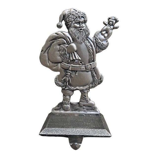Vintage Pewter Santa Claus Stocking Holder For Sale