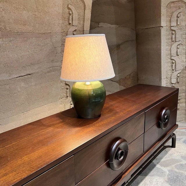 David Cressey 1970s Studio Art Table Lamp Lush Green Stoneware Pottery For Sale - Image 4 of 11