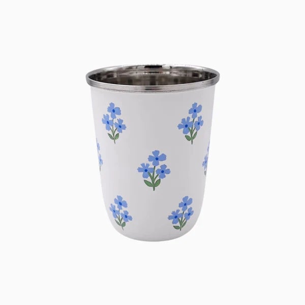 Traditional Contemporary Blue Floral Short Enamelware - Set of 4 For Sale - Image 3 of 3