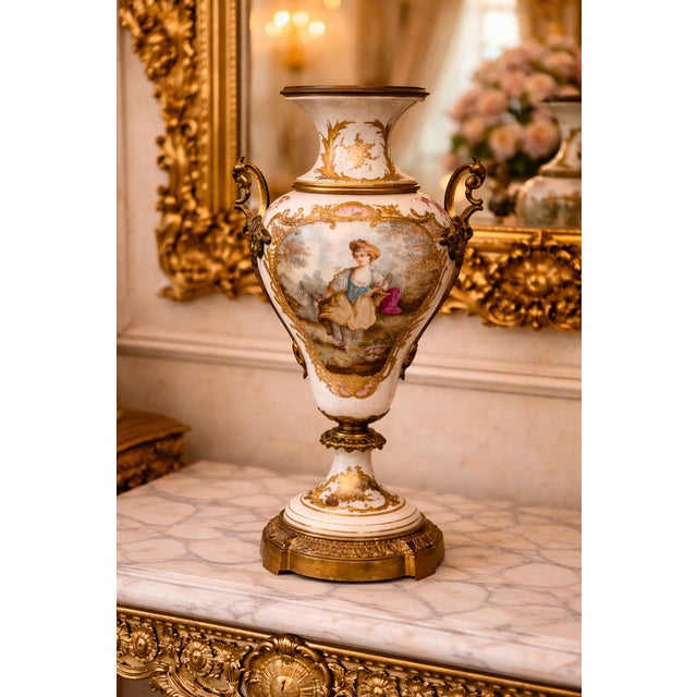 Manufacture de Sevres 19th Sevres Louis XVI Gilt Porcelain Bronze Vases Pair For Sale - Image 4 of 18