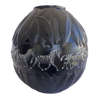 Lalique France Tanzania Hand Painted Zebra Vase Black Crystal Enamel 1991 8.25 For Sale