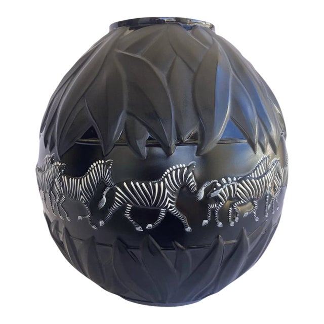 Lalique France Tanzania Hand Painted Zebra Vase Black Crystal Enamel 1991 8.25 For Sale
