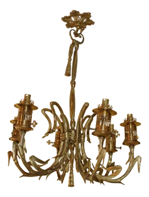 19thc Dore Gilt Bronze Heavy 6 Light Maison Bagues Gas Converted to Electric Chandelier