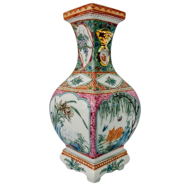 Vintage Chinese Famille Rose Petite Square Baluster Vases With Removable Stands - Pair For Sale - Image 14 of 18