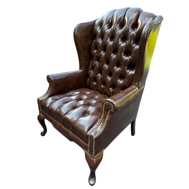 Mid 20th Century Queen Anne Style Tufted Leather Look Wingback Chair For Sale - Image 9 of 9