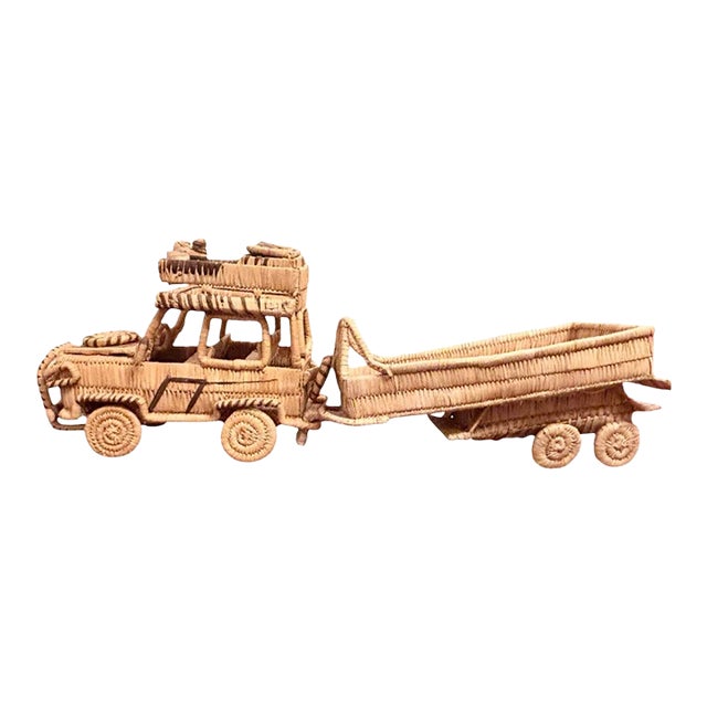 Large Vintage Rattan Jeep Handmade Rare Land Rover Car & Tailor Detail Woven Decor For Sale
