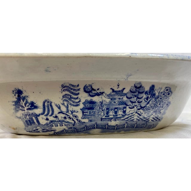 English Antique Oval Blue Willow Serving Bowl Made in England - Circa 1900 For Sale - Image 3 of 13