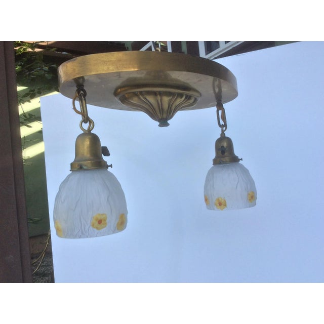 Antique Brass Chandelier With Floral Decorated Pendant Shades For Sale - Image 4 of 9