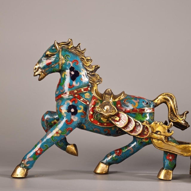 Metal Vintage Cloisonne Enamel Horse & Cart Figure – 15.7" Gilt Wealth Sculpture For Sale - Image 7 of 9