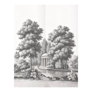 Hand Drawn Classical European Garden Temple Scenic Mural Panels | Set of 2 Panels 3ft×8ft Custom Monochrome Landscape Wallpaper For Sale