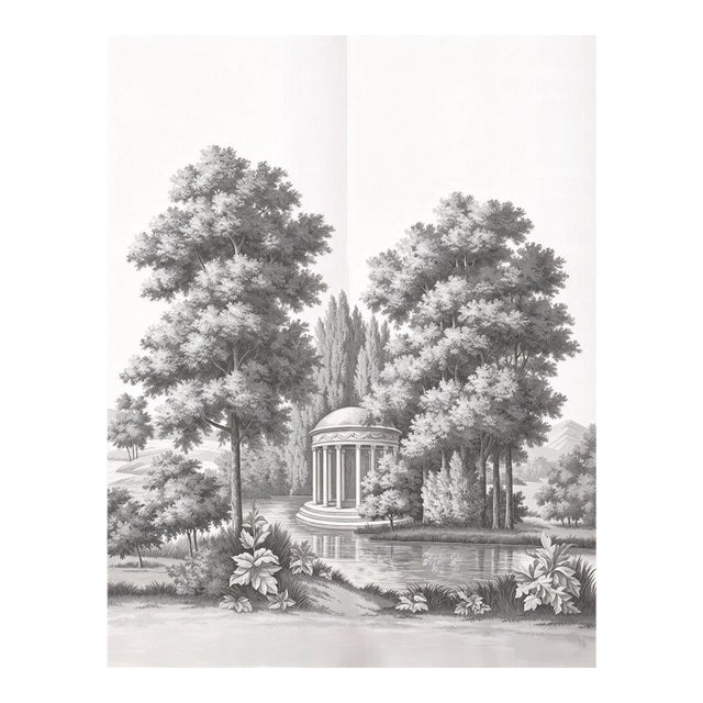 Hand Drawn Classical European Garden Temple Scenic Mural Panels | Set of 2 Panels 3ft×8ft Custom Monochrome Landscape Wallpaper For Sale