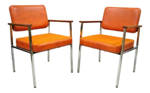Mid Century Modern Orange Naugahyde Chrome Frame Lounge Arm Chairs by Malibu Ind