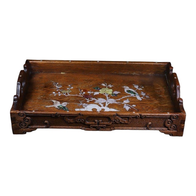 Vintage Wood Tray With Mother-of-Pearl Bird and Floral Inlay For Sale