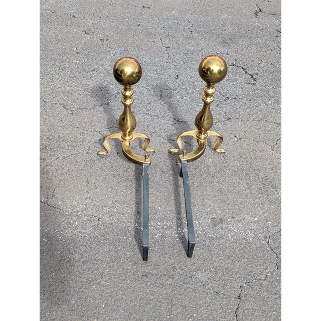 Vintage Pair of Cannonball Ball Victorian Brass Fireplace Andirons For Sale - Image 4 of 5