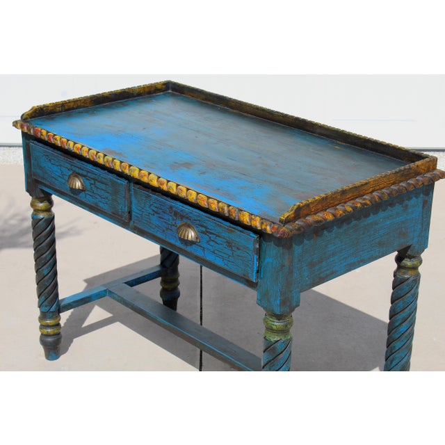 Spanish Revival Late 20th Century Spanish Revival Console Table | Hand-Painted Distressed Blue Accent Table | Barley Twist Legs | Two Drawer Sofa Table For Sale - Image 3 of 16