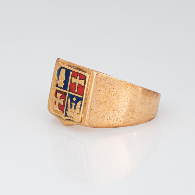 Vintage Art Deco Heraldic Ring 14k Rose Gold Enamel Band Family Crest Signet, Size 8.5 For Sale - Image 4 of 7