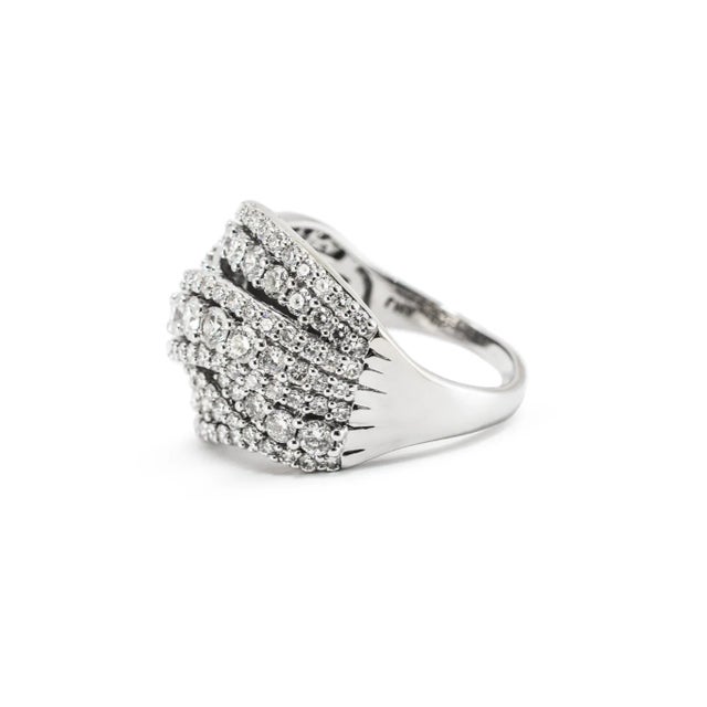 Early 21st Century Ladies 10k White Gold 5.25ct Lab Grown Diamond Multi-Row Criss-Cross Band Ring, Size 10 For Sale - Image 5 of 8