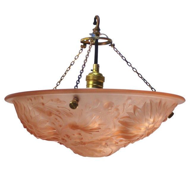 Art Nouveau French Brass and Pink Pressed Glass Pendant Light, 1920s For Sale - Image 9 of 9
