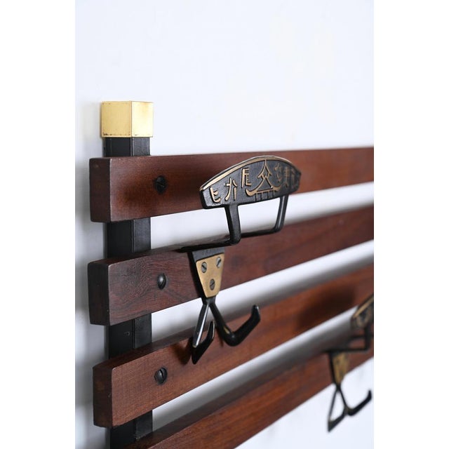 Italian Coat Rack in Teak, Brass and Black Enameled Iron, Italy, 1960s For Sale - Image 16 of 17