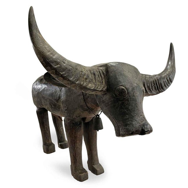 Black Oriental Wooden Water Buffalo Sculpture with Horns, 1800s For Sale - Image 8 of 9