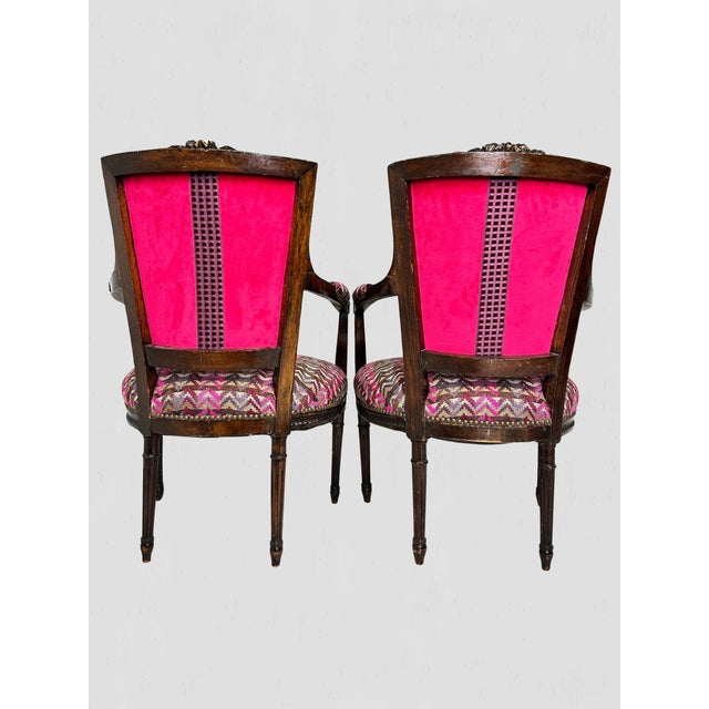 French Mahogany Square Back Chair Pair. Newly upholstered in a beautiful magenta and purple petit point fabric, finished...