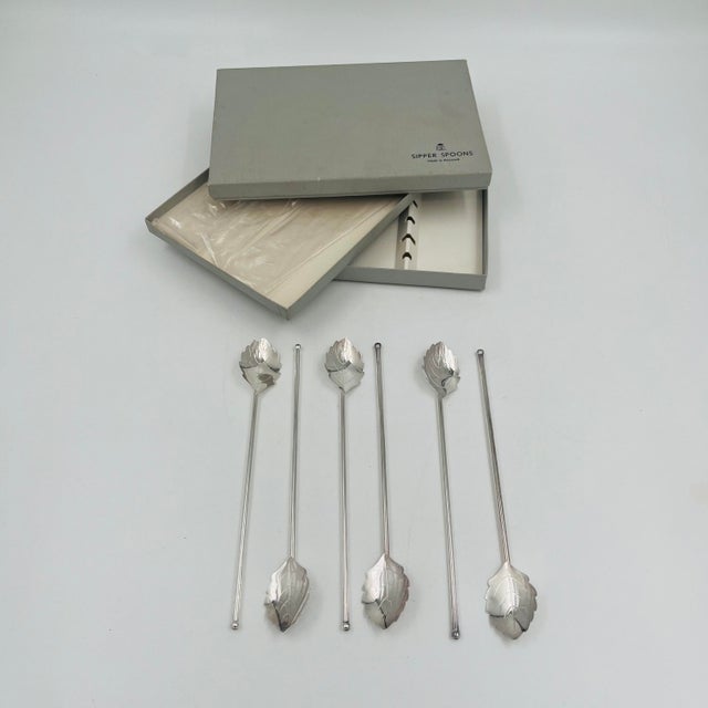 Mid-Century Modern Silverplate Leaf Design Cocktail Stirrer Straws Sipper Spoons Denmark - Set of 6 For Sale - Image 12 of 16