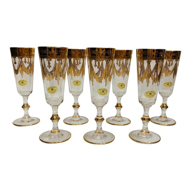 David Orgell Exclusivist 24 Kt Gold Leaf Champagne Flutes - Set of 7 For Sale