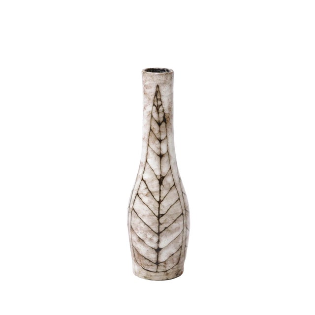 Mid-Century Modernist White and Earth Toned Tapered Ceramic Vase With Leaf Motif For Sale - Image 13 of 13