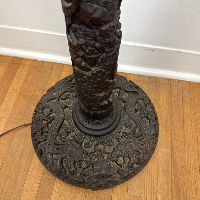 Early 20th Century Hand Carved Ebonized, Wood, Chinese Floor Lamp For Sale - Image 4 of 12