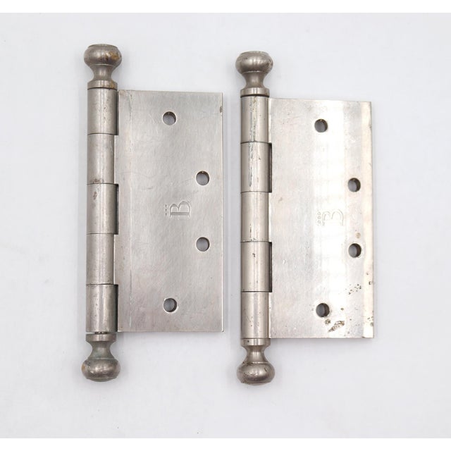 Pair of Vintage 4.5 X 4.5 In. Brushed Steel Brass Door Hinges For Sale - Image 4 of 5