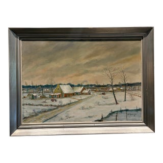 1970s Belgian Winter Village Painting - Signed For Sale
