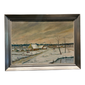 1970s Belgian Winter Village Painting - Signed