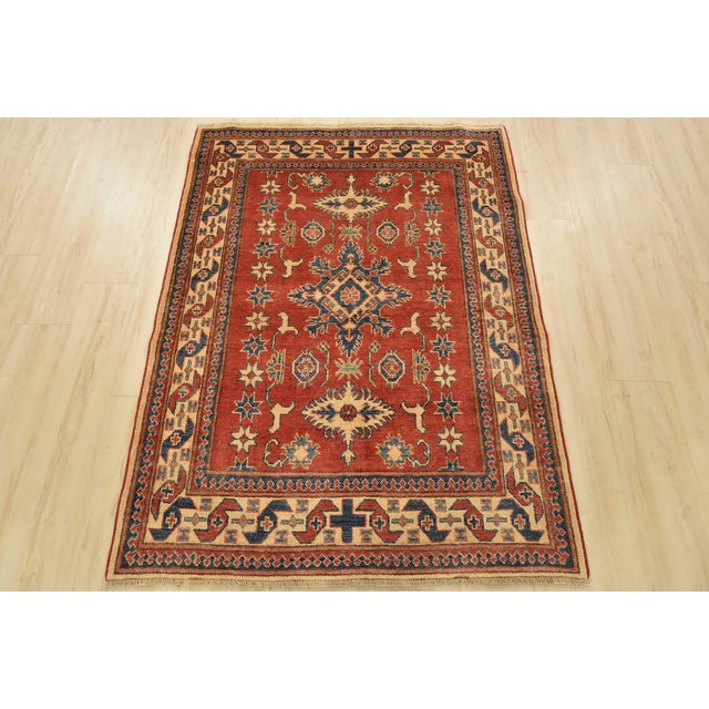 Farmhouse Kazak Rug 4′ X 5’4” Red Wool Tribal Hand-Knotted Oriental Carpet For Sale - Image 3 of 12