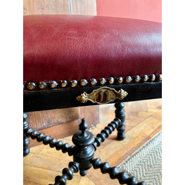 Metal Antique Ebonized Twisted Legs Stools with Burgundy Studded Leather Seats, 1890s, Set of 2 For Sale - Image 7 of 16