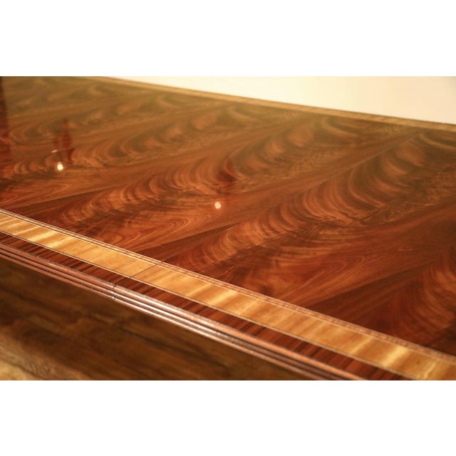 English Inlaid Double Pedestal Mahogany Dining Room Table Seats 6-14 People With Polished Hi Sheen Finish For Sale - Image 3 of 13