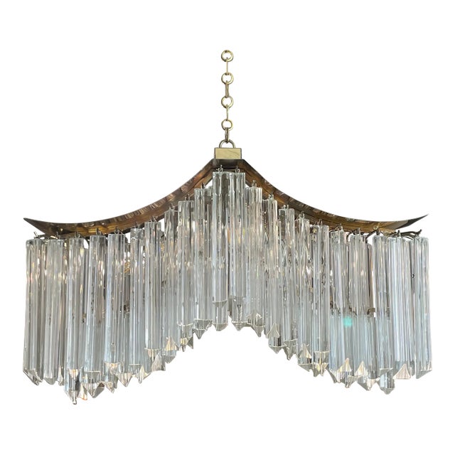 1970s Vintage Pagoda Glass and Brass Chandelier For Sale